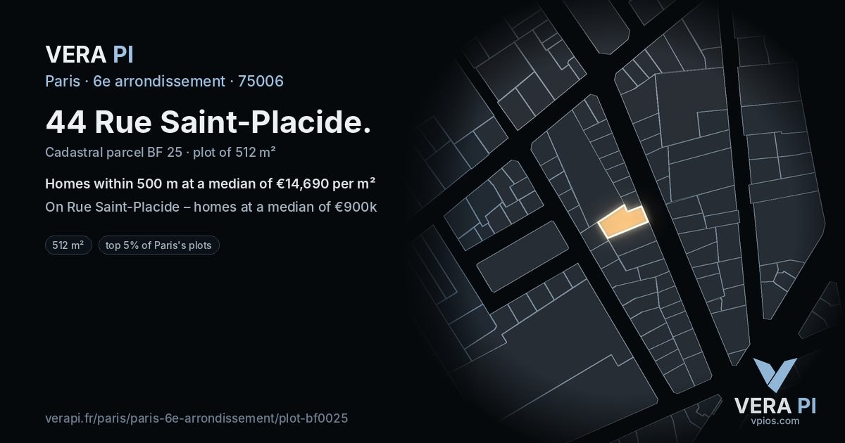 44 Rue Saint-Placide, 6e arrondissement at night – the plot lit, the parcels around coloured by the prices near them