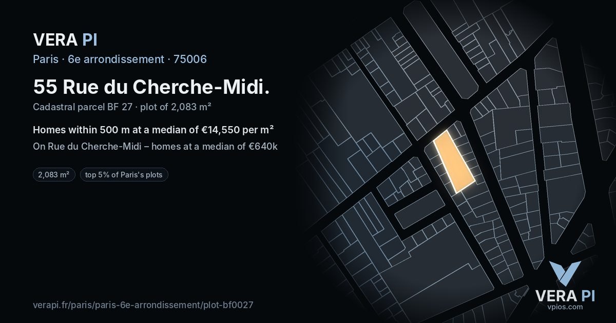 55 Rue du Cherche-Midi, 6e arrondissement at night – the plot lit, the parcels around coloured by the prices near them
