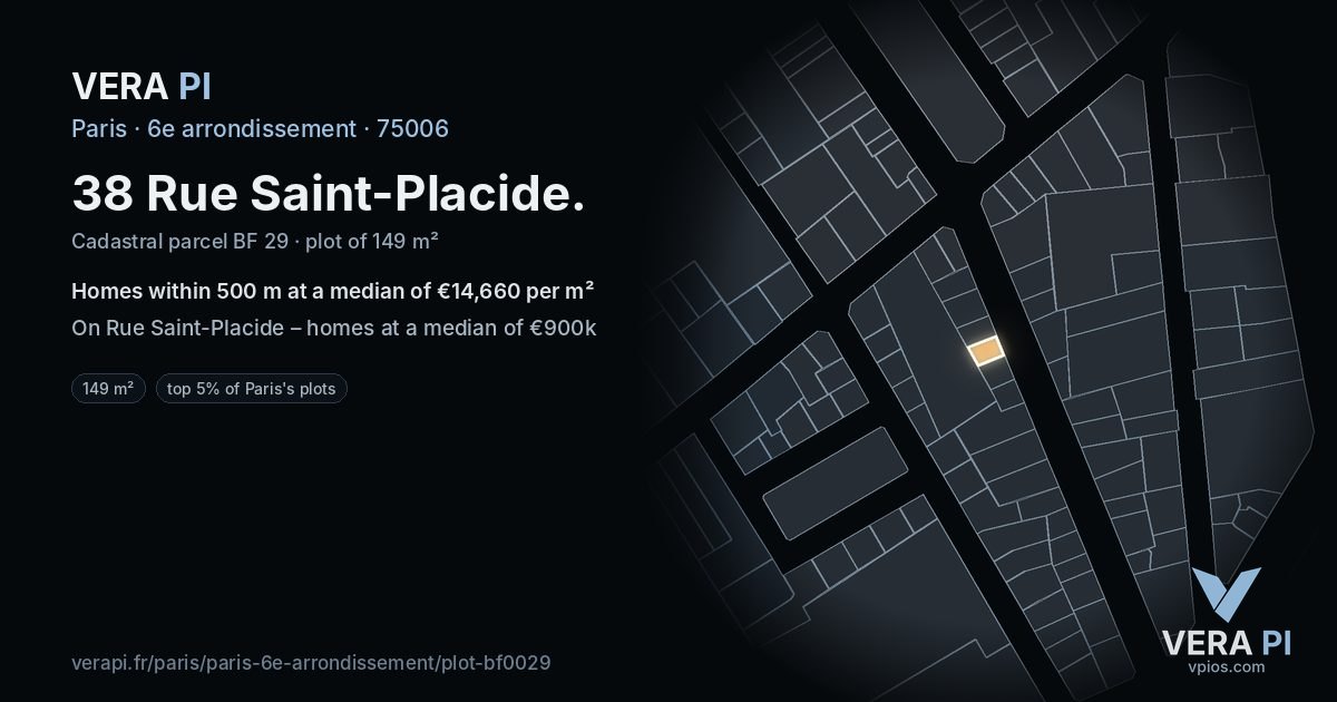 38 Rue Saint-Placide, 6e arrondissement at night – the plot lit, the parcels around coloured by the prices near them