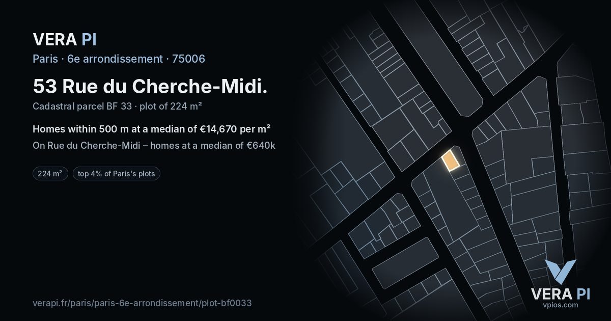 53 Rue du Cherche-Midi, 6e arrondissement at night – the plot lit, the parcels around coloured by the prices near them