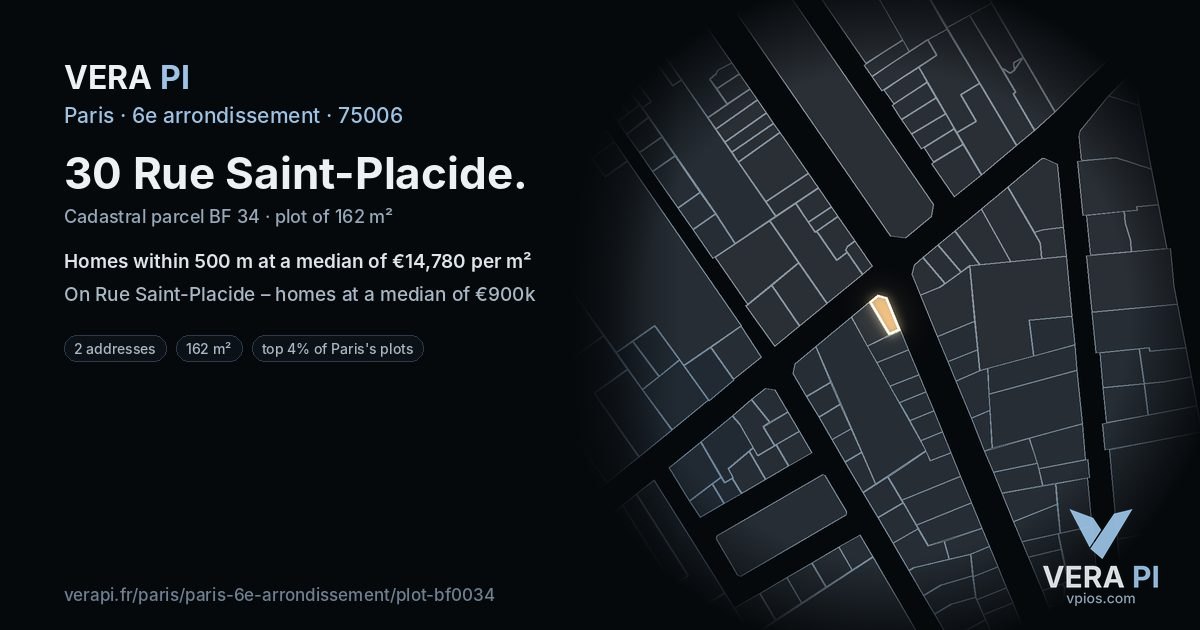 30 Rue Saint-Placide, 6e arrondissement at night – the plot lit, the parcels around coloured by the prices near them