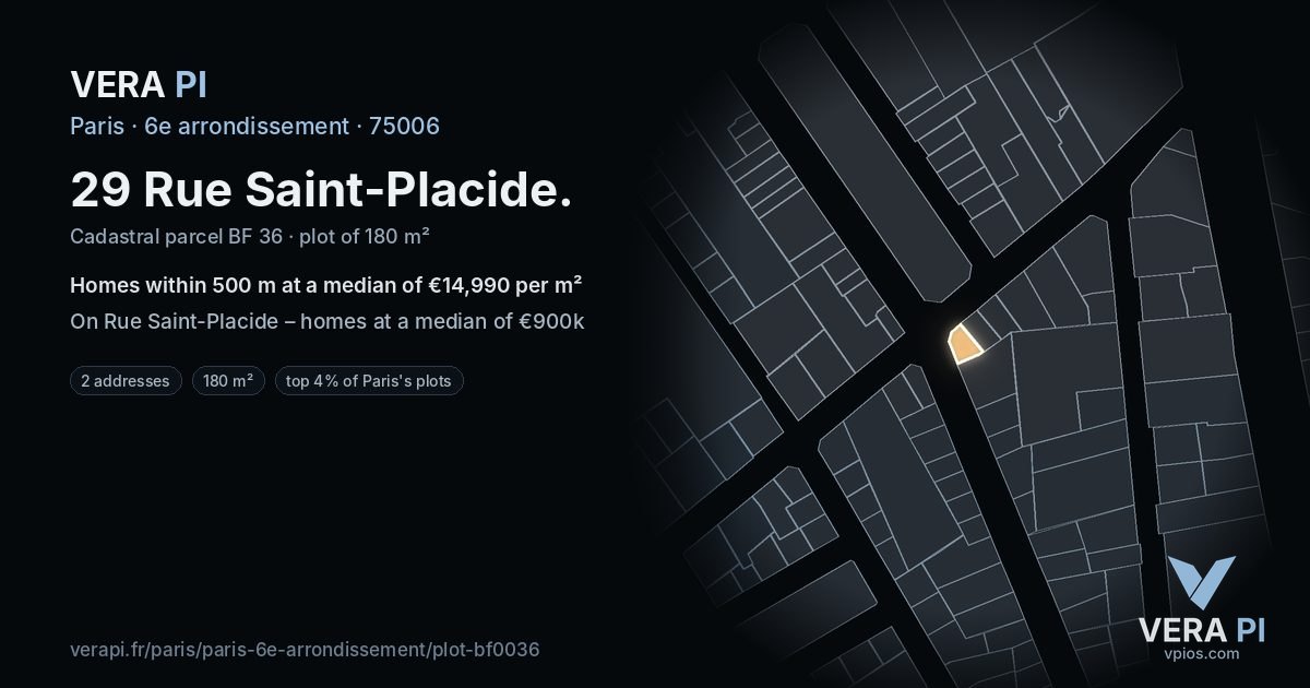 29 Rue Saint-Placide, 6e arrondissement at night – the plot lit, the parcels around coloured by the prices near them