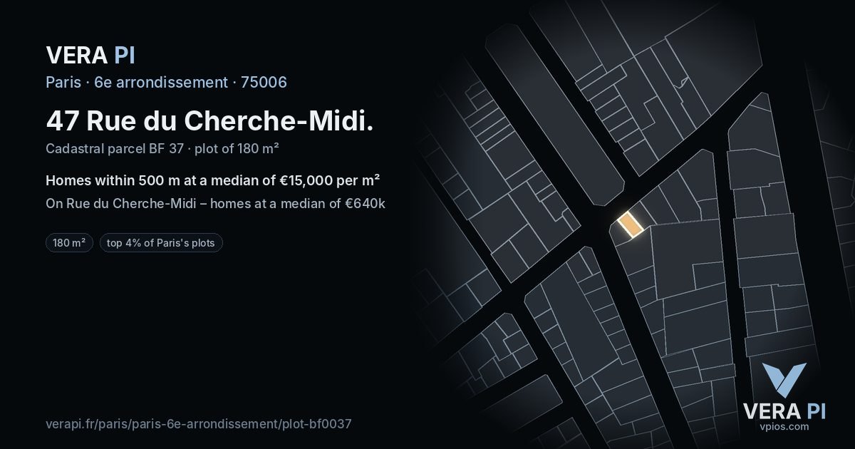 47 Rue du Cherche-Midi, 6e arrondissement at night – the plot lit, the parcels around coloured by the prices near them