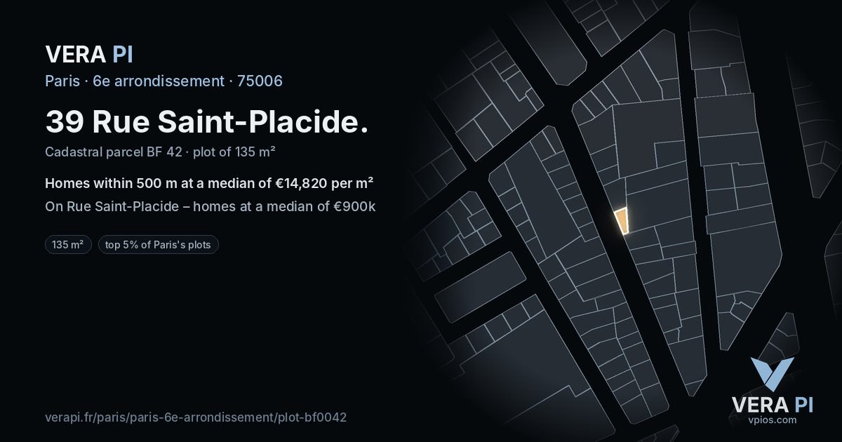 39 Rue Saint-Placide, 6e arrondissement at night – the plot lit, the parcels around coloured by the prices near them