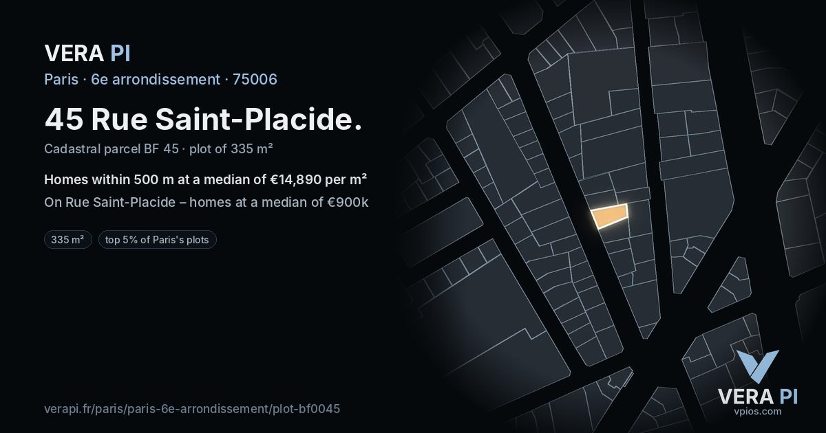 45 Rue Saint-Placide, 6e arrondissement at night – the plot lit, the parcels around coloured by the prices near them