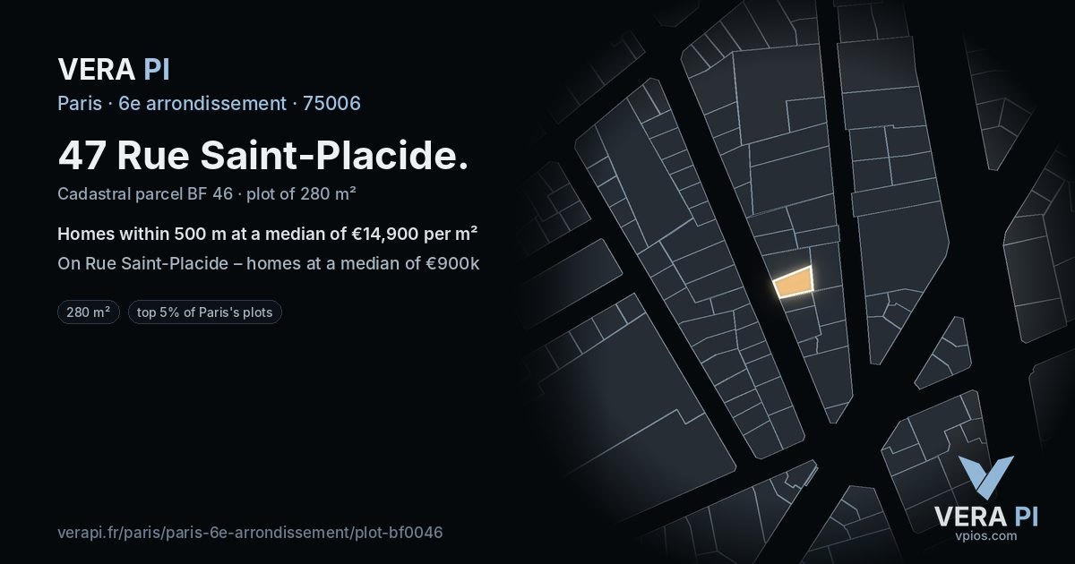 47 Rue Saint-Placide, 6e arrondissement at night – the plot lit, the parcels around coloured by the prices near them