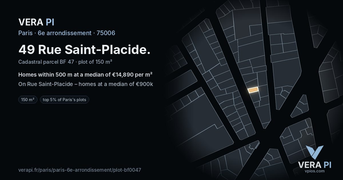 49 Rue Saint-Placide, 6e arrondissement at night – the plot lit, the parcels around coloured by the prices near them