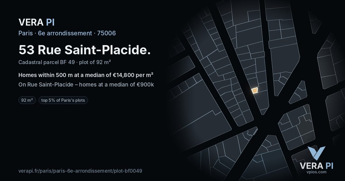 53 Rue Saint-Placide, 6e arrondissement at night – the plot lit, the parcels around coloured by the prices near them