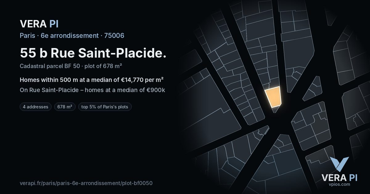 55 b Rue Saint-Placide, 6e arrondissement at night – the plot lit, the parcels around coloured by the prices near them