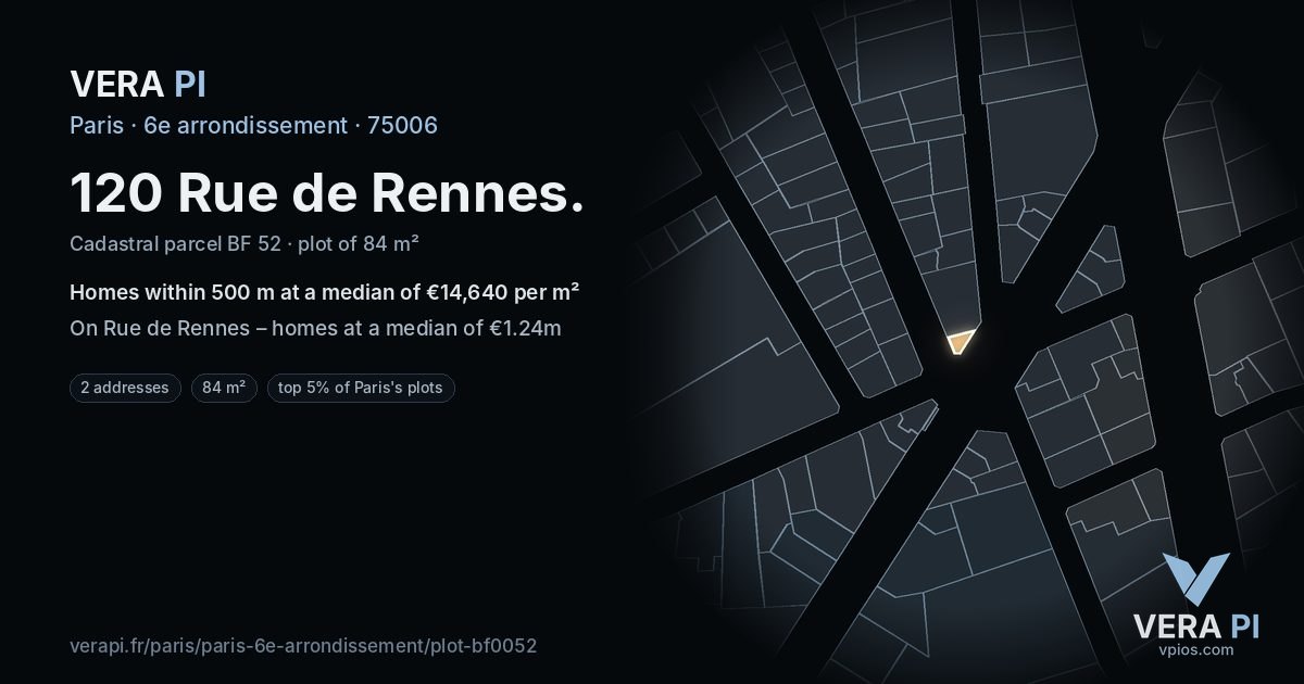 120 Rue de Rennes, 6e arrondissement at night – the plot lit, the parcels around coloured by the prices near them