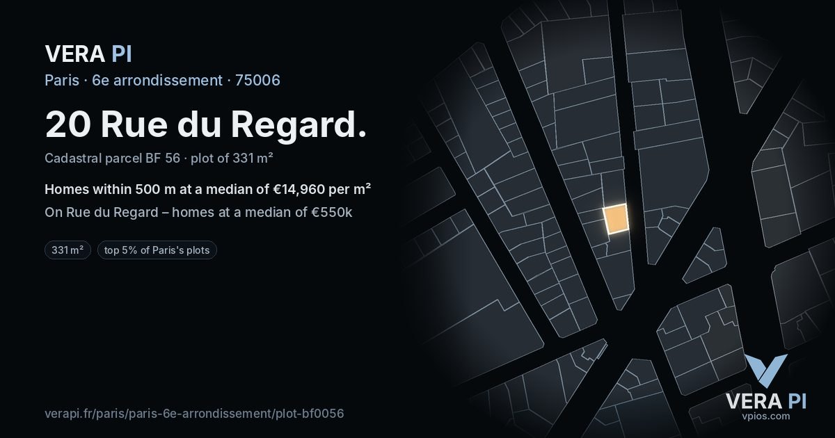 20 Rue du Regard, 6e arrondissement at night – the plot lit, the parcels around coloured by the prices near them