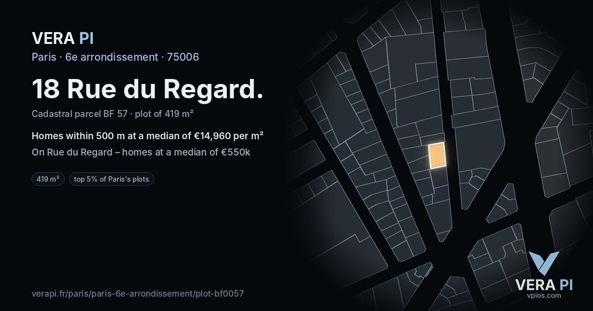 18 Rue du Regard, 6e arrondissement at night – the plot lit, the parcels around coloured by the prices near them