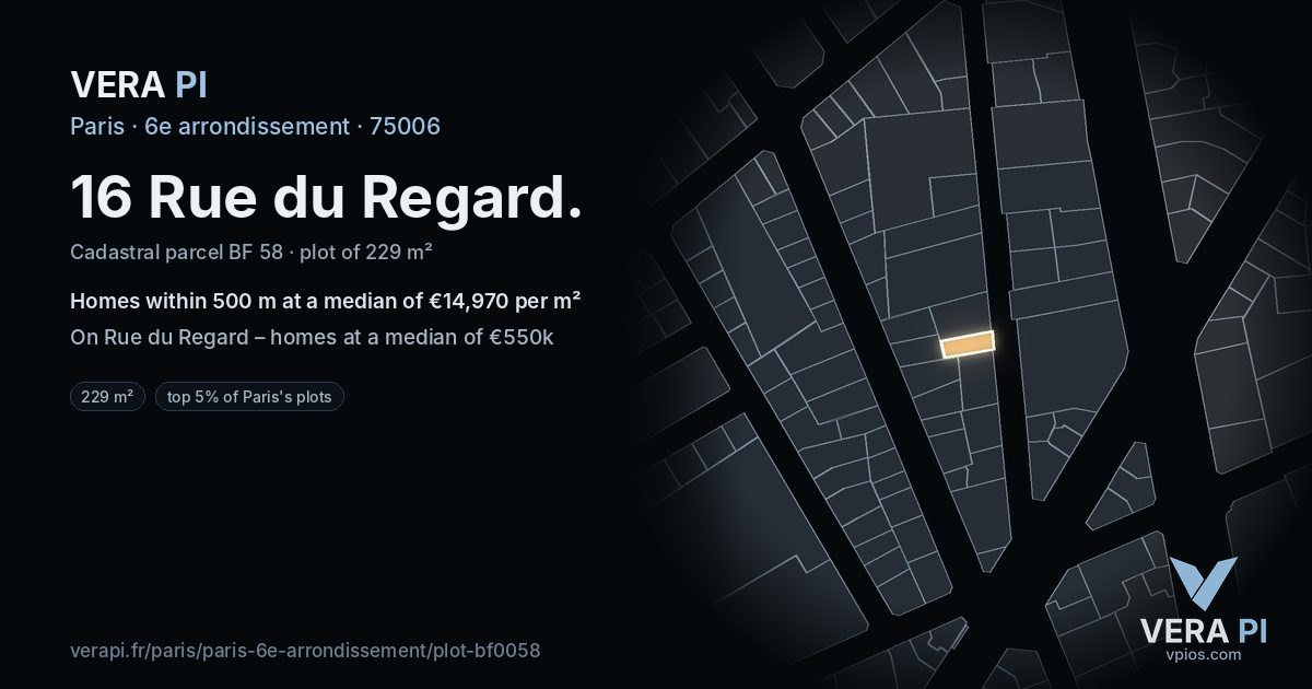 16 Rue du Regard, 6e arrondissement at night – the plot lit, the parcels around coloured by the prices near them