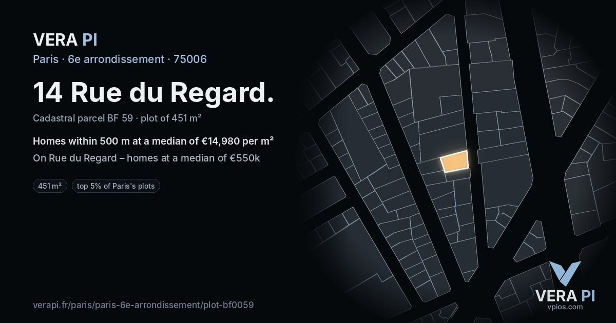 14 Rue du Regard, 6e arrondissement at night – the plot lit, the parcels around coloured by the prices near them