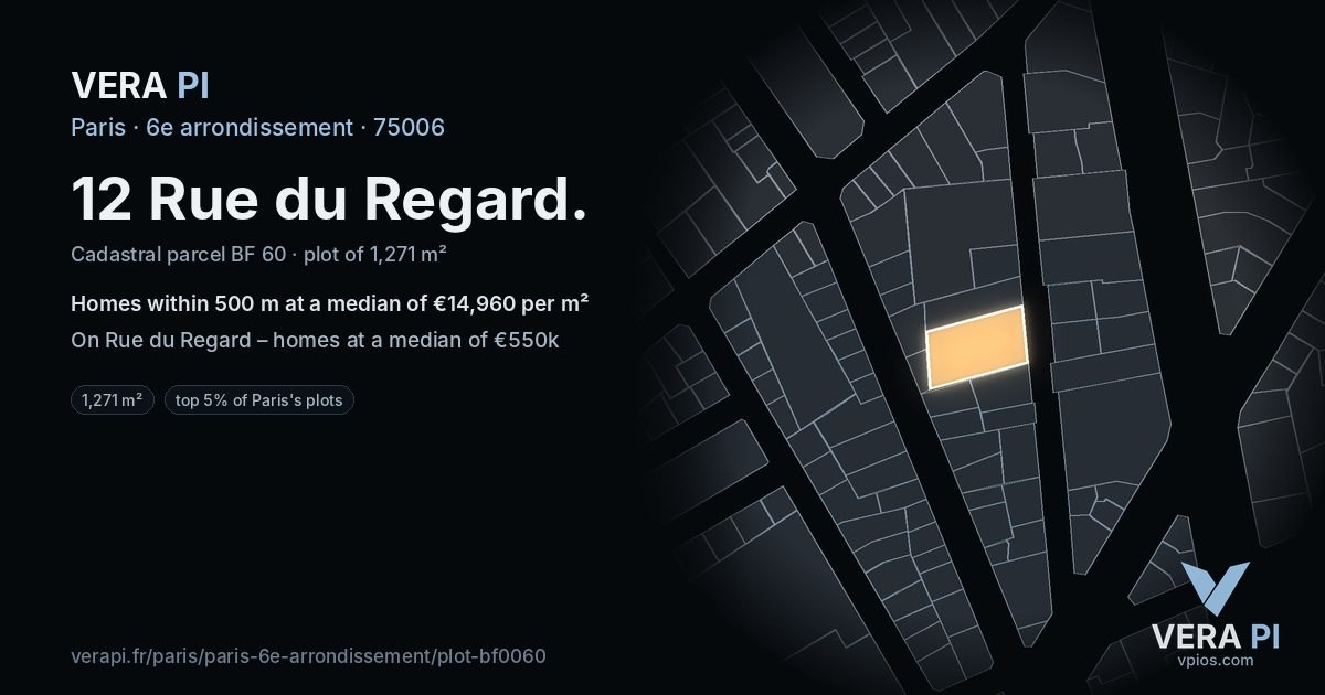 12 Rue du Regard, 6e arrondissement at night – the plot lit, the parcels around coloured by the prices near them