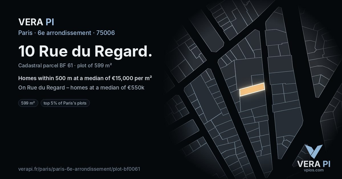 10 Rue du Regard, 6e arrondissement at night – the plot lit, the parcels around coloured by the prices near them