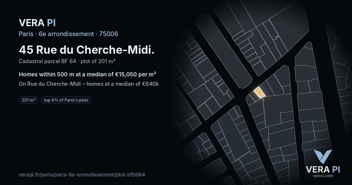 45 Rue du Cherche-Midi, 6e arrondissement at night – the plot lit, the parcels around coloured by the prices near them