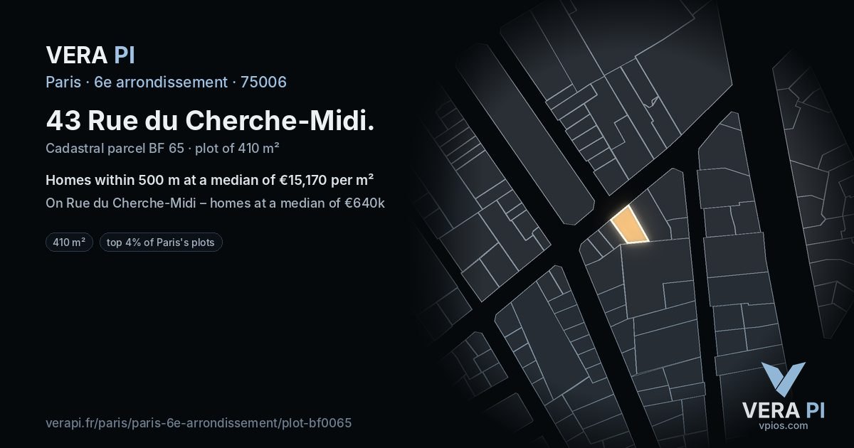 43 Rue du Cherche-Midi, 6e arrondissement at night – the plot lit, the parcels around coloured by the prices near them