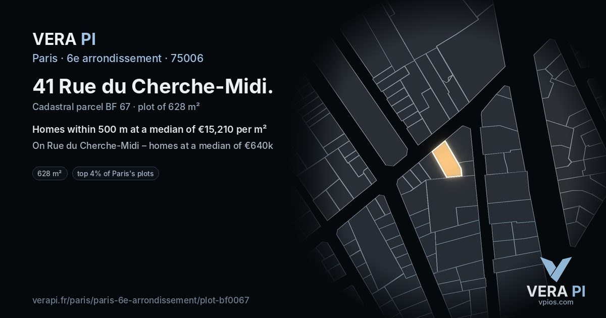 41 Rue du Cherche-Midi, 6e arrondissement at night – the plot lit, the parcels around coloured by the prices near them