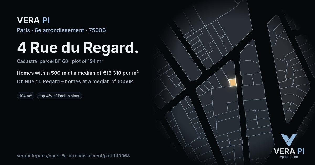 4 Rue du Regard, 6e arrondissement at night – the plot lit, the parcels around coloured by the prices near them