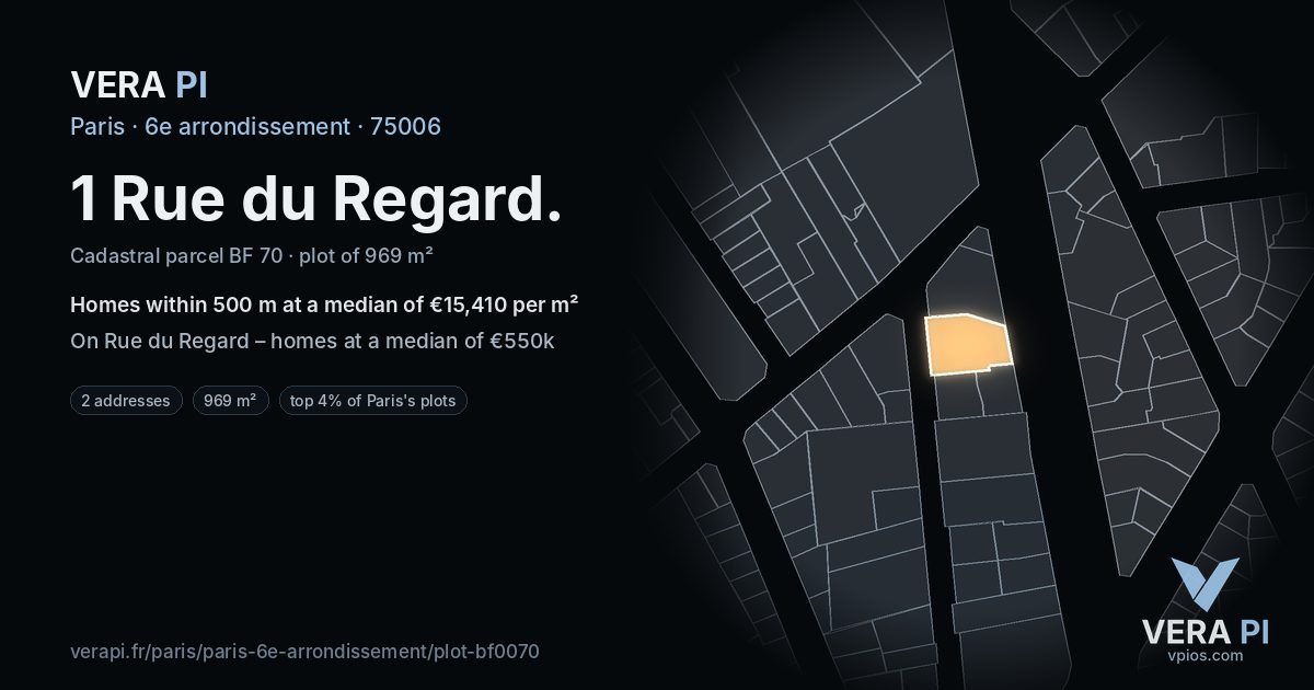 1 Rue du Regard, 6e arrondissement at night – the plot lit, the parcels around coloured by the prices near them