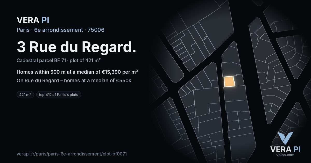 3 Rue du Regard, 6e arrondissement at night – the plot lit, the parcels around coloured by the prices near them