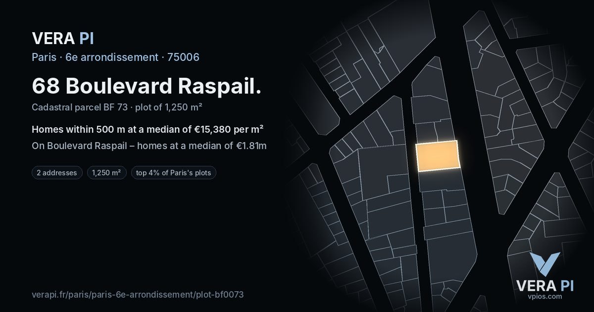 68 Boulevard Raspail, 6e arrondissement at night – the plot lit, the parcels around coloured by the prices near them