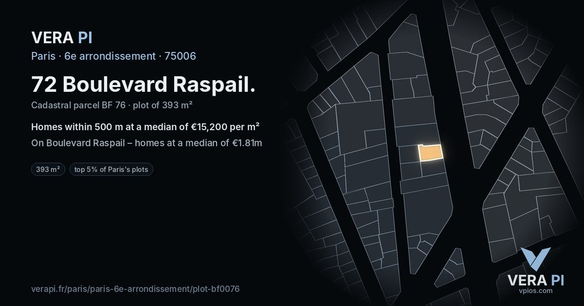 72 Boulevard Raspail, 6e arrondissement at night – the plot lit, the parcels around coloured by the prices near them