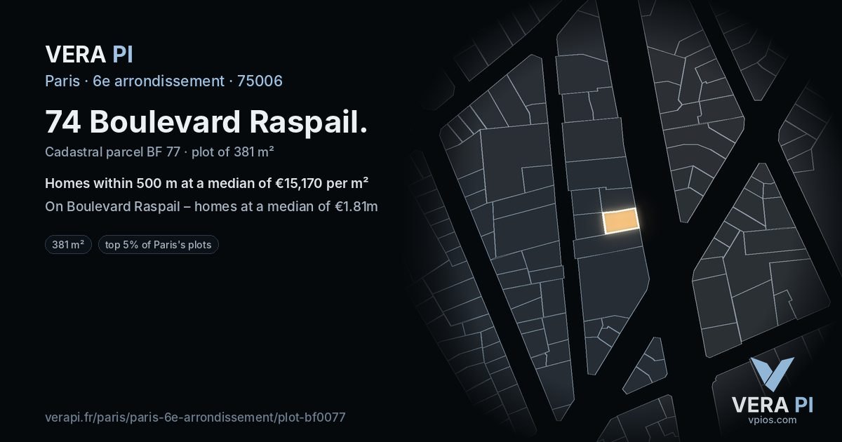 74 Boulevard Raspail, 6e arrondissement at night – the plot lit, the parcels around coloured by the prices near them