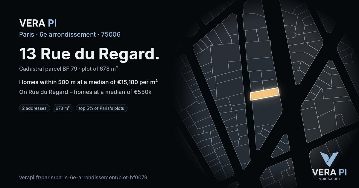 13 Rue du Regard, 6e arrondissement at night – the plot lit, the parcels around coloured by the prices near them