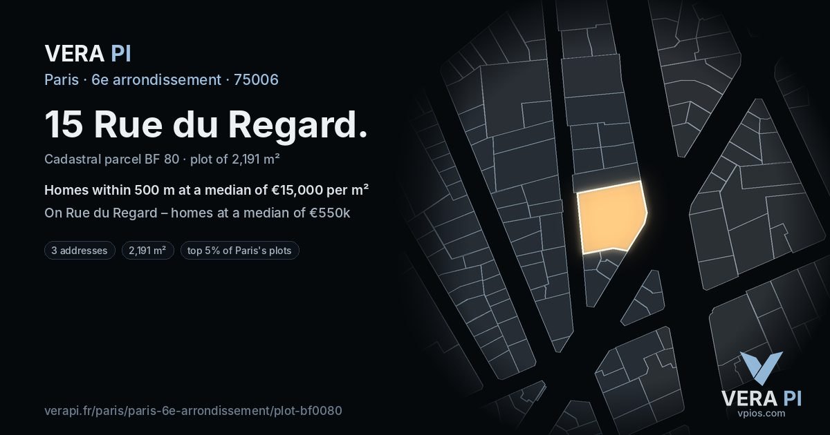 15 Rue du Regard, 6e arrondissement at night – the plot lit, the parcels around coloured by the prices near them