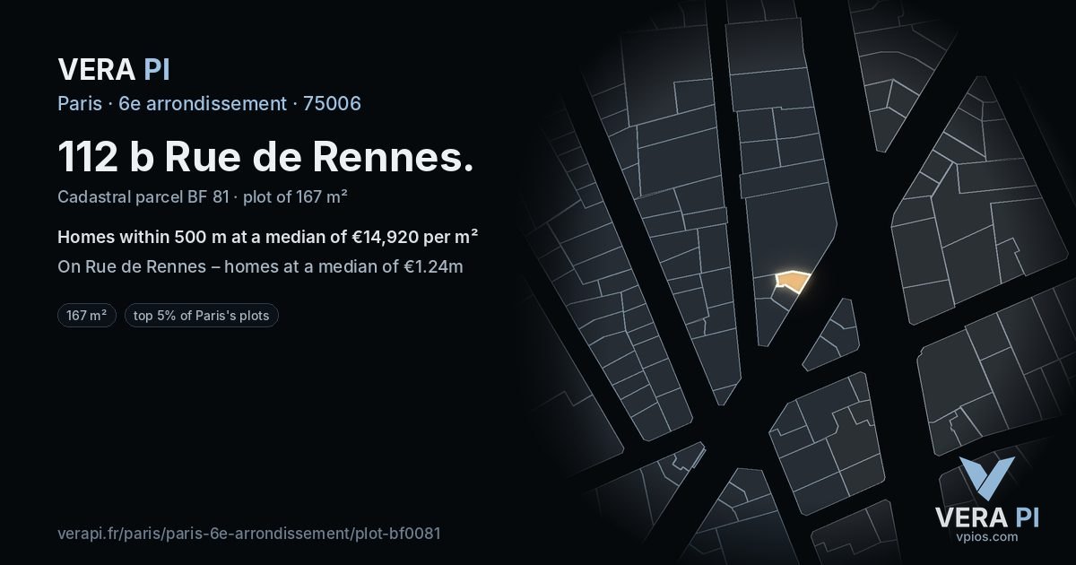 112 b Rue de Rennes, 6e arrondissement at night – the plot lit, the parcels around coloured by the prices near them