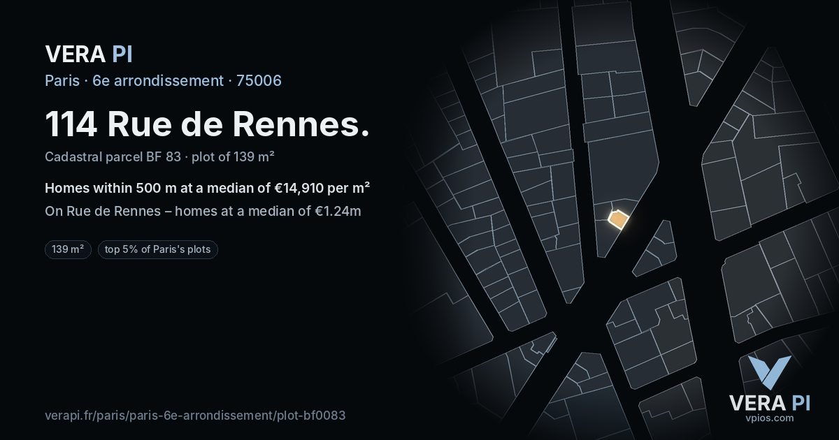 114 Rue de Rennes, 6e arrondissement at night – the plot lit, the parcels around coloured by the prices near them