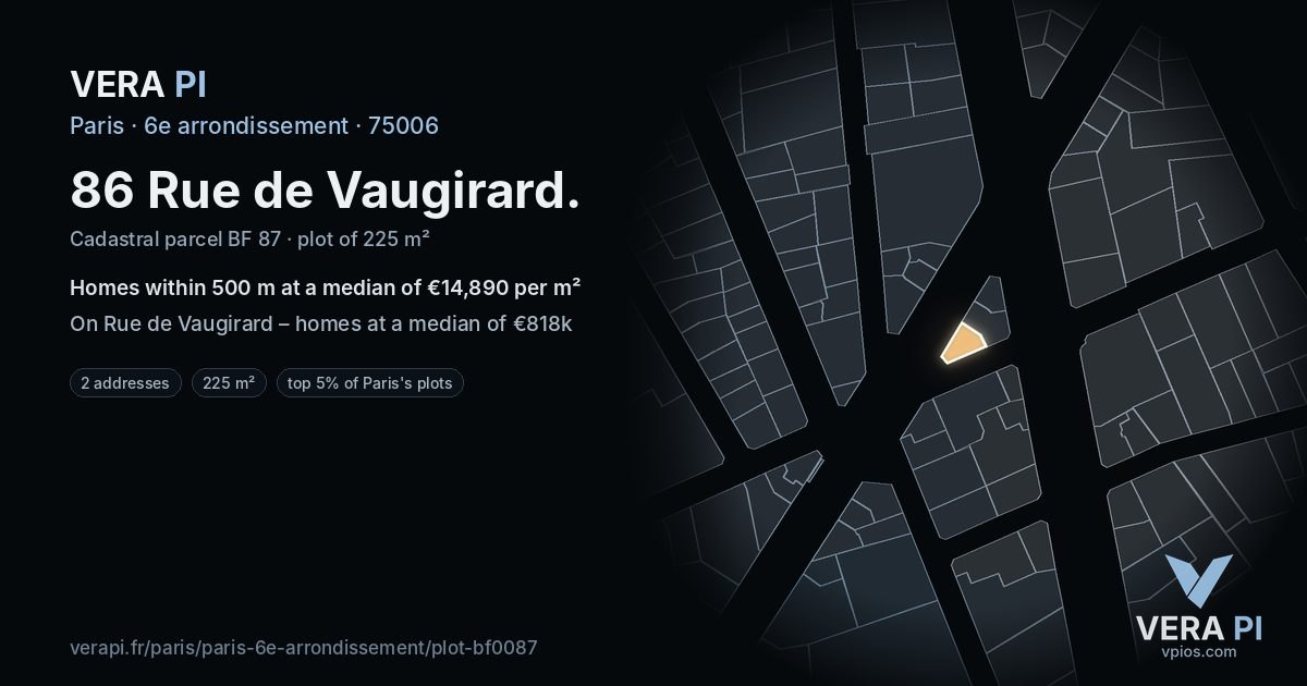 86 Rue de Vaugirard, 6e arrondissement at night – the plot lit, the parcels around coloured by the prices near them