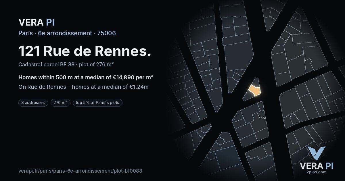 121 Rue de Rennes, 6e arrondissement at night – the plot lit, the parcels around coloured by the prices near them