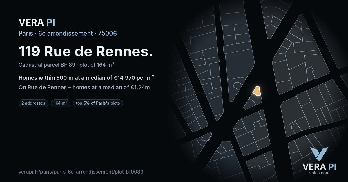 119 Rue de Rennes, 6e arrondissement at night – the plot lit, the parcels around coloured by the prices near them