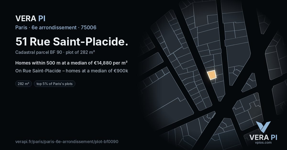 51 Rue Saint-Placide, 6e arrondissement at night – the plot lit, the parcels around coloured by the prices near them