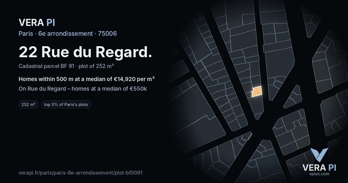 22 Rue du Regard, 6e arrondissement at night – the plot lit, the parcels around coloured by the prices near them