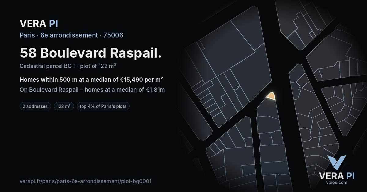 58 Boulevard Raspail, 6e arrondissement at night – the plot lit, the parcels around coloured by the prices near them