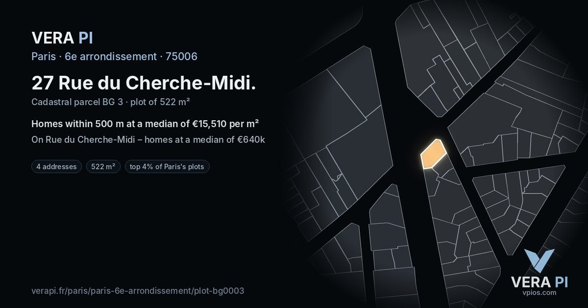 27 Rue du Cherche-Midi, 6e arrondissement at night – the plot lit, the parcels around coloured by the prices near them