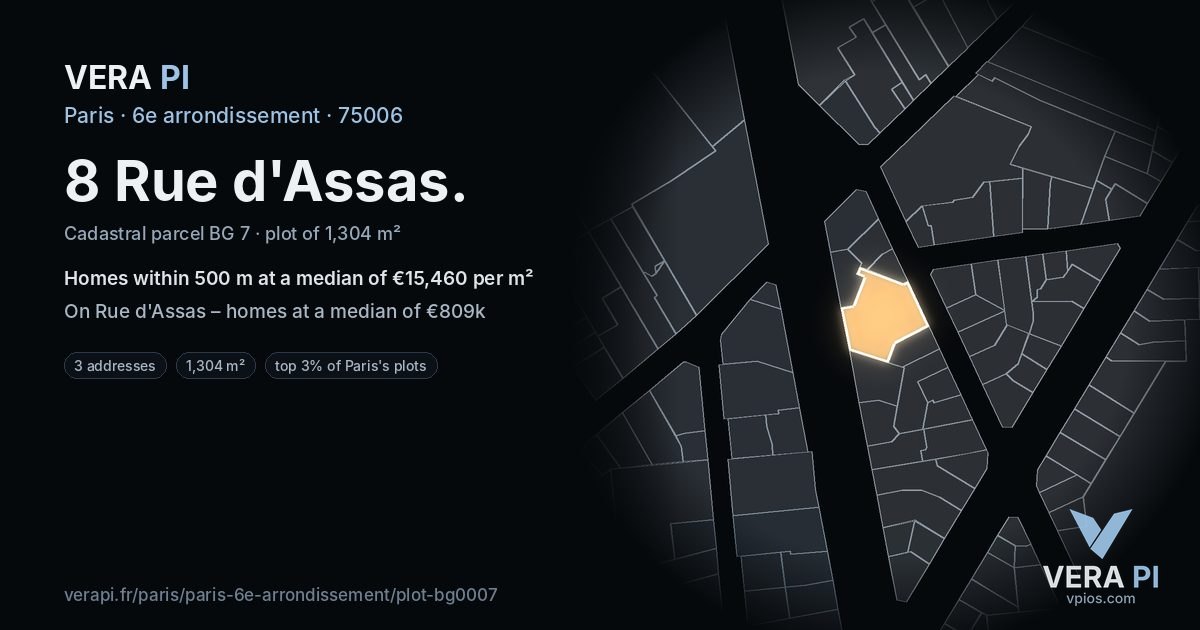 8 Rue d'Assas, 6e arrondissement at night – the plot lit, the parcels around coloured by the prices near them