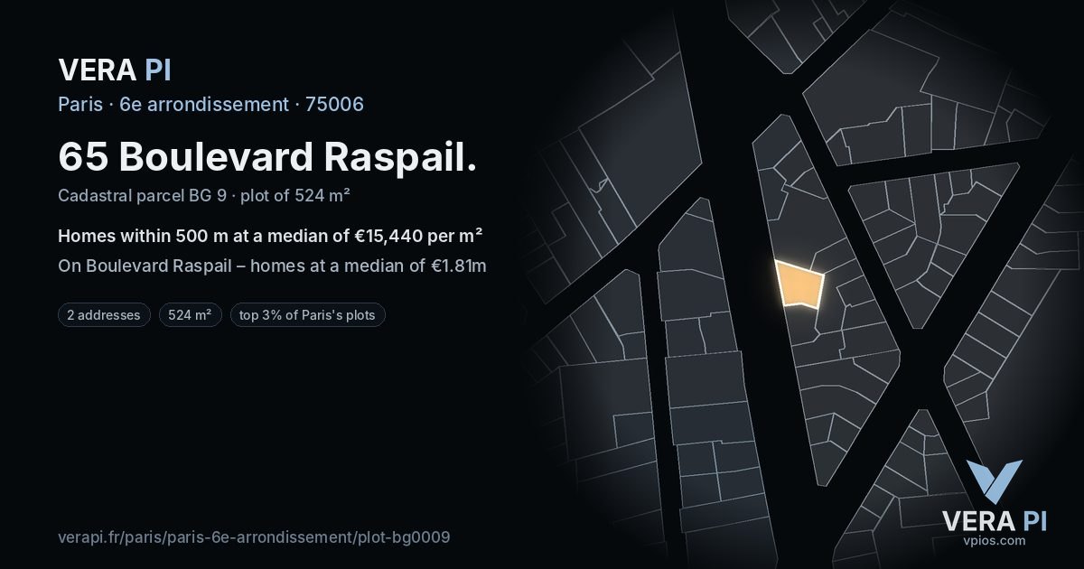 65 Boulevard Raspail, 6e arrondissement at night – the plot lit, the parcels around coloured by the prices near them