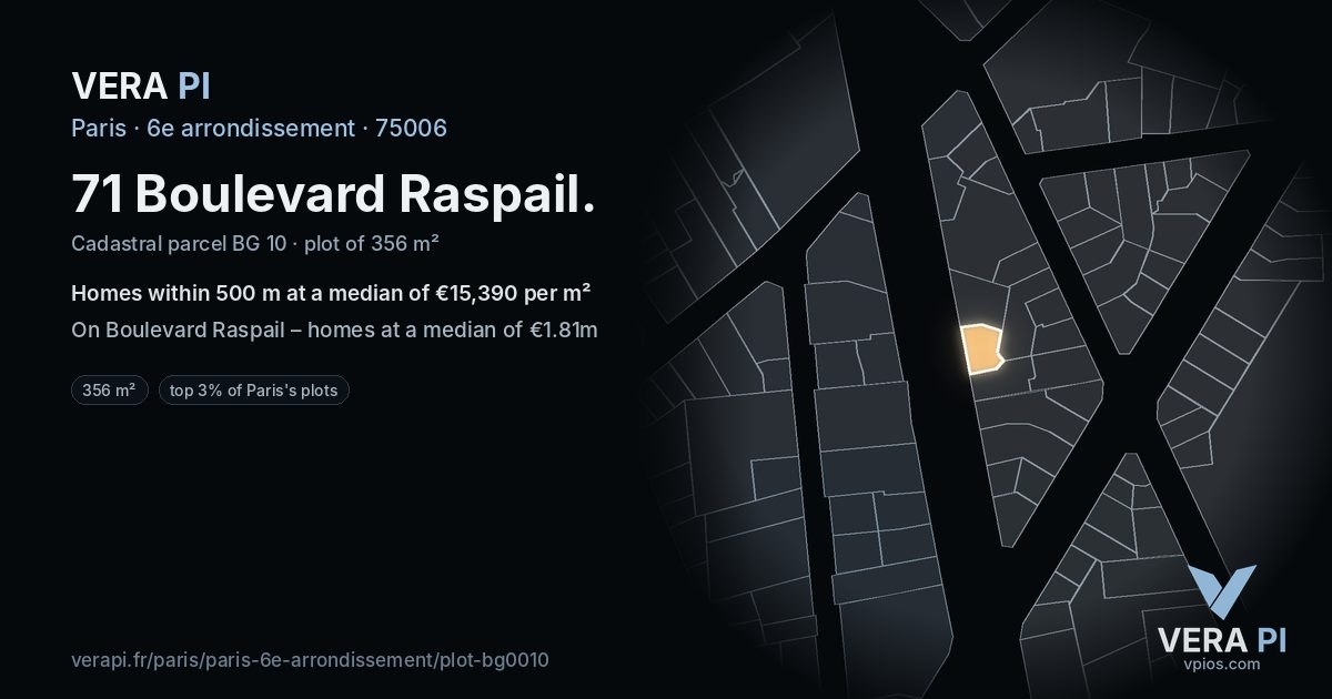 71 Boulevard Raspail, 6e arrondissement at night – the plot lit, the parcels around coloured by the prices near them
