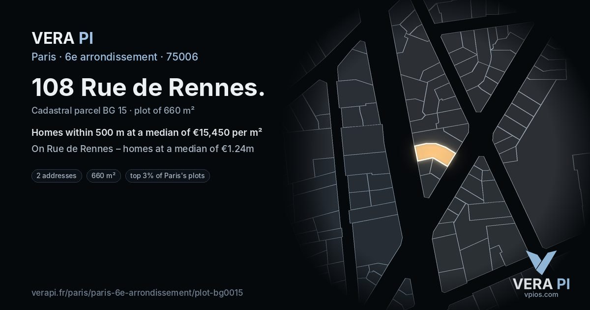 108 Rue de Rennes, 6e arrondissement at night – the plot lit, the parcels around coloured by the prices near them