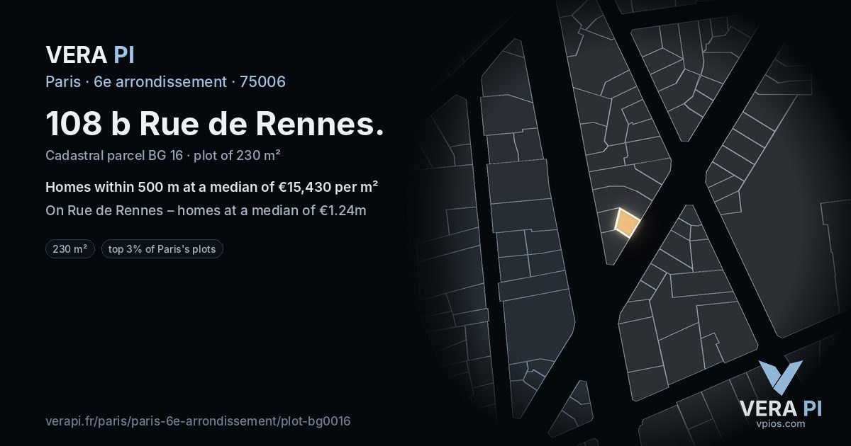 108 b Rue de Rennes, 6e arrondissement at night – the plot lit, the parcels around coloured by the prices near them