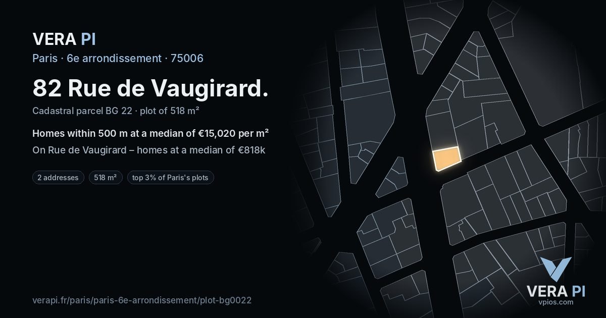 82 Rue de Vaugirard, 6e arrondissement at night – the plot lit, the parcels around coloured by the prices near them