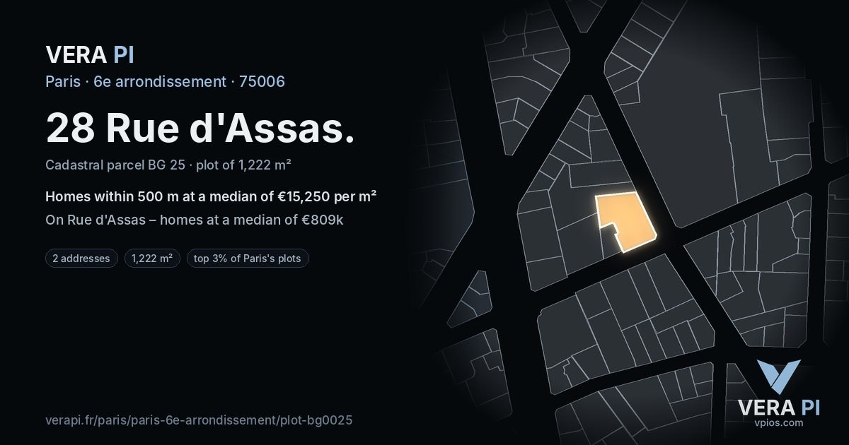 28 Rue d'Assas, 6e arrondissement at night – the plot lit, the parcels around coloured by the prices near them