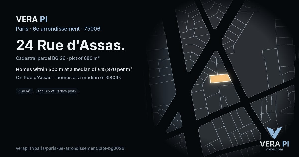 24 Rue d'Assas, 6e arrondissement at night – the plot lit, the parcels around coloured by the prices near them
