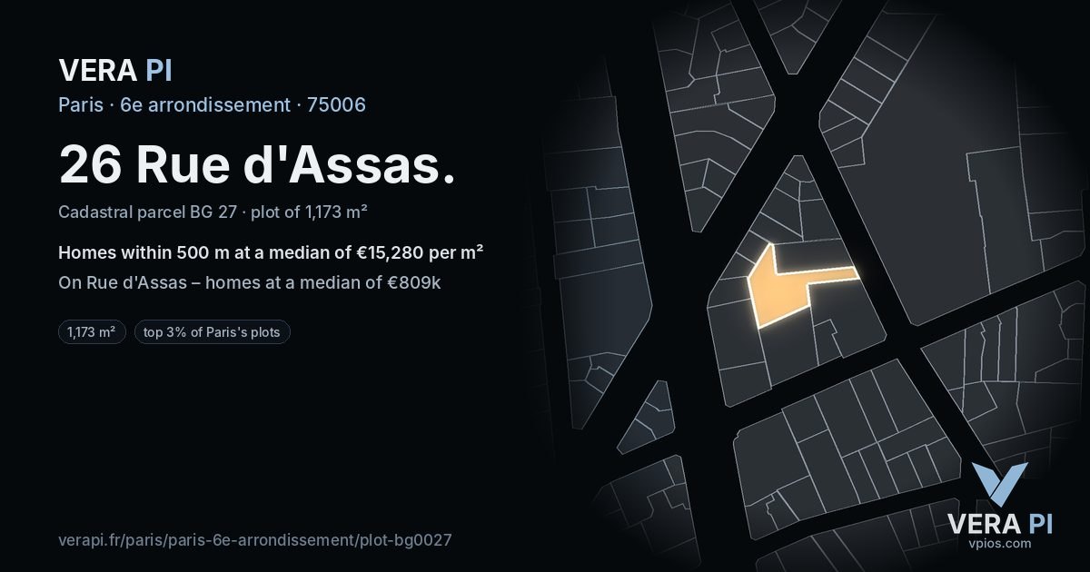 26 Rue d'Assas, 6e arrondissement at night – the plot lit, the parcels around coloured by the prices near them