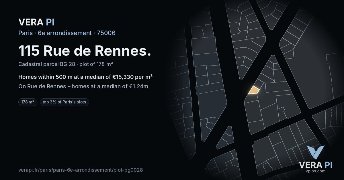 115 Rue de Rennes, 6e arrondissement at night – the plot lit, the parcels around coloured by the prices near them